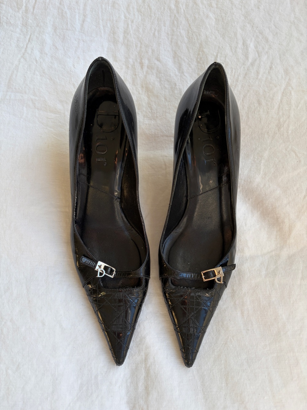 Vintage Dior Monogram Charm Logo Quilted Patent Leather Pointy Toe Heels Black